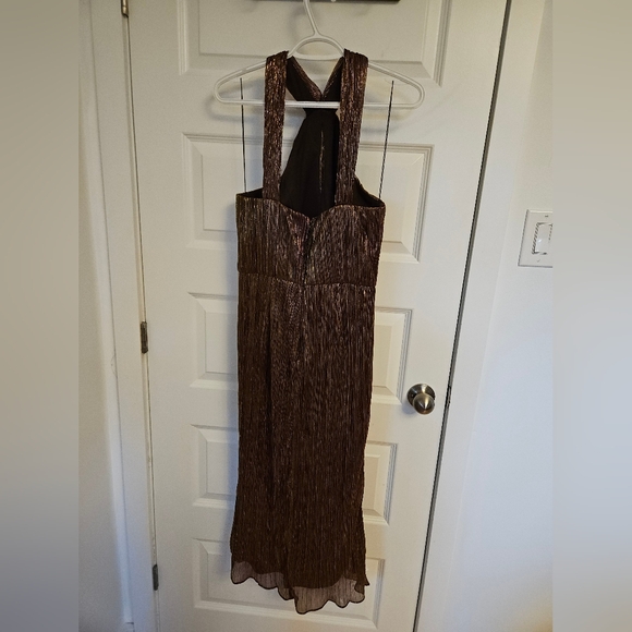 Adrianna Papell Metallic Bronze Halter Pleated Midi Dress - Picture 7 of 8